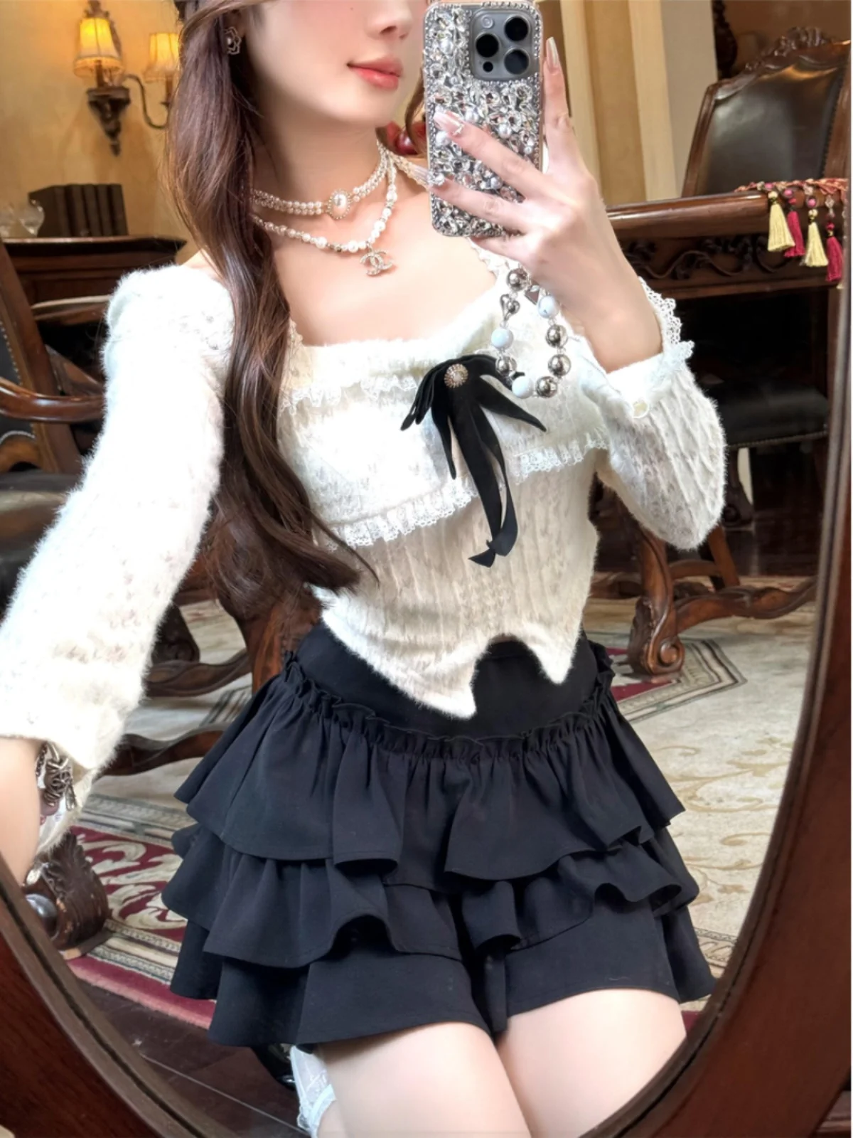 Sweet Lace Trim A-Line Short Skirt Women's Summer 2024 High Waist Pleated Fluffy Blouse Style Half-length Skirt for Teen Girls