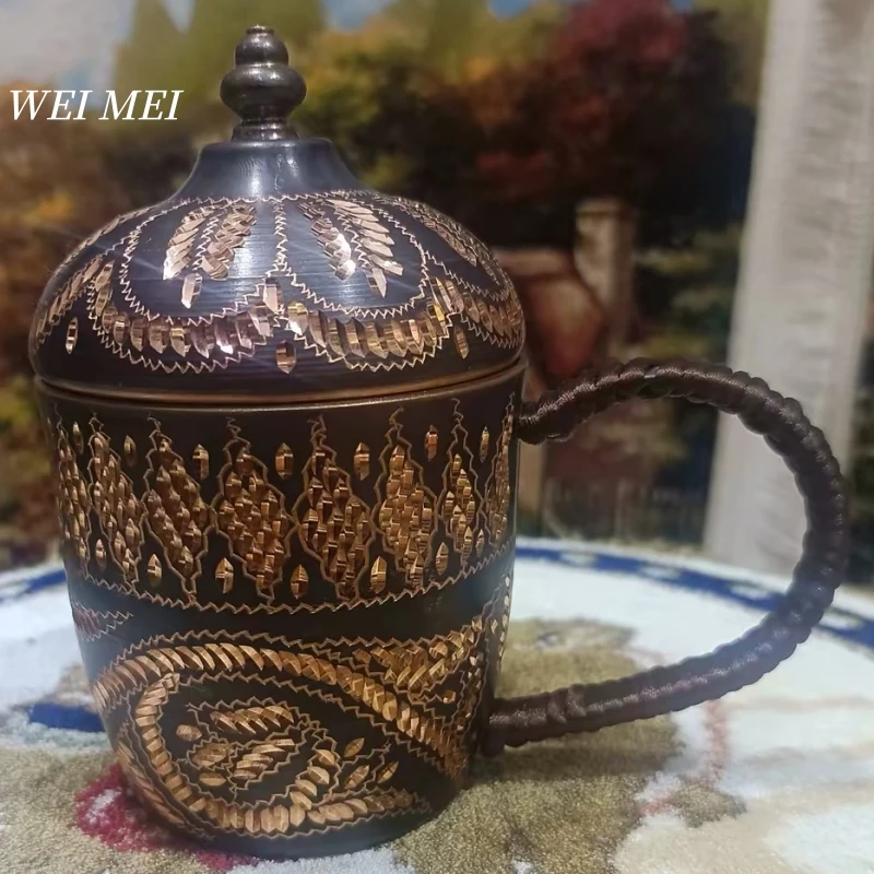 Vintage Copper Mini Coffee Mug,With lid Home Breakfast Cup,Handcrafted Carving Pattern Random Unique Friend Gift Mug Tableware