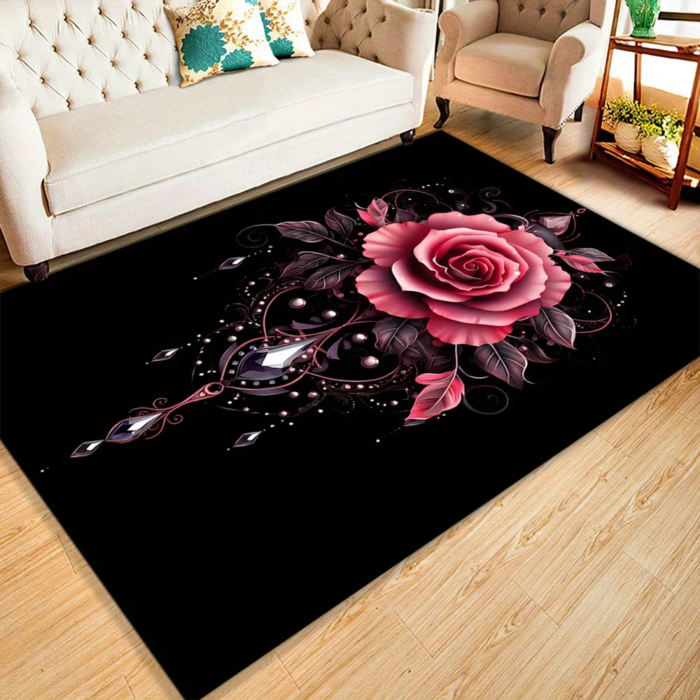 

[Коврик Crystal Velvet Rose] Большой элегантный коврик Crystal Velvet с розами — черный, с розовыми розами и зелеными листьями,