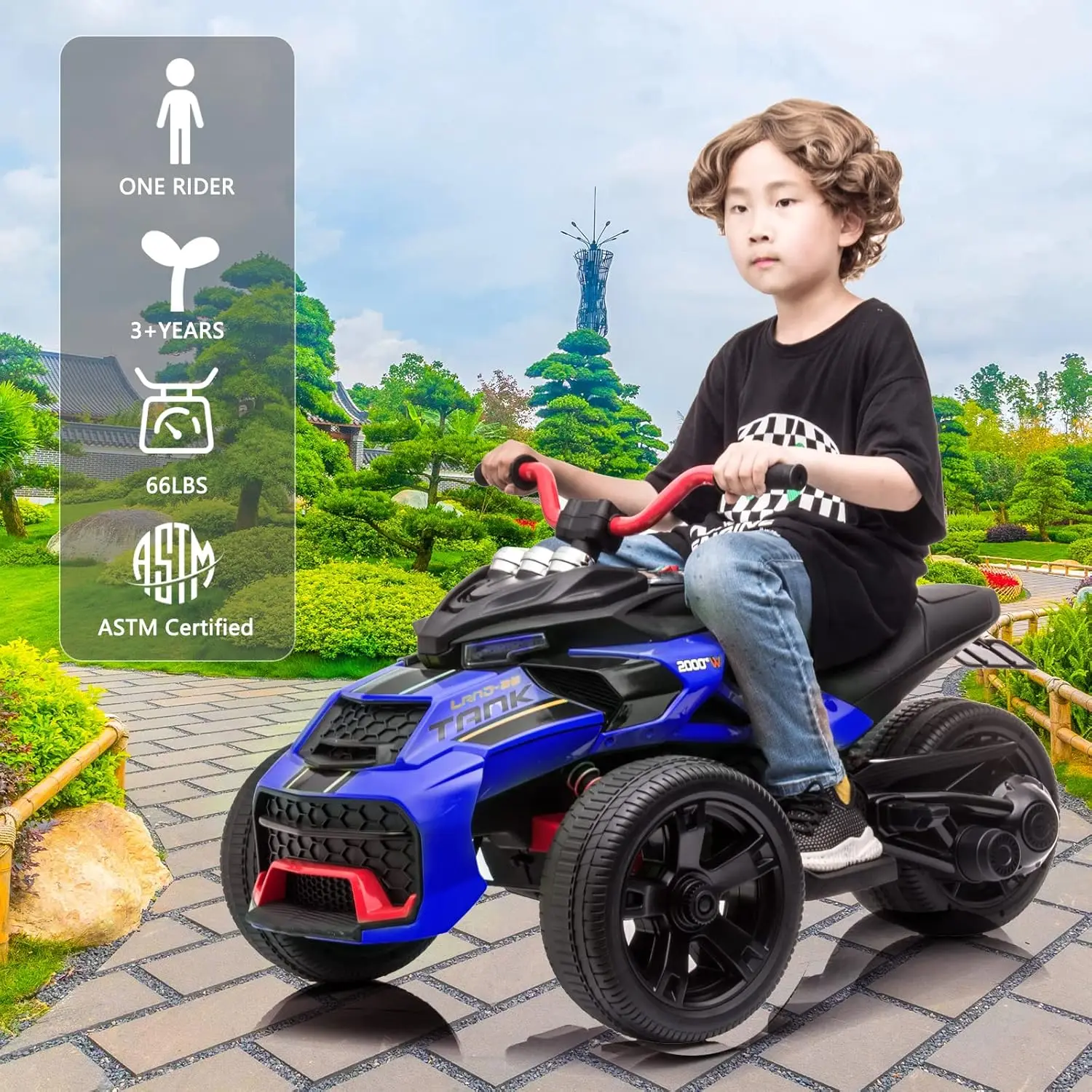 24V Kids ATV 3 Wheeler Ride on Motorcycle with LED Lights, Ride-on Electric Car for Kids with Rubber Plastic Polymerized EVA tir