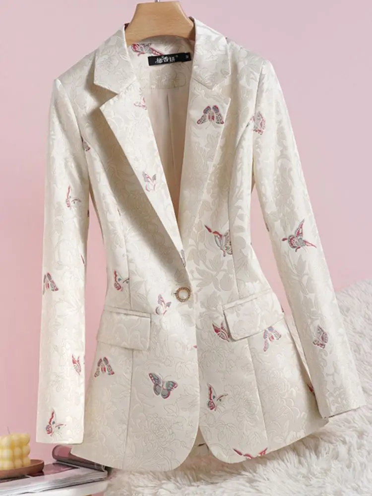 

2026 Spring New Butterfly Print Chinese Style Temperament Blazers Women Single Button Slim Waist Commuter Blazers and Jackets