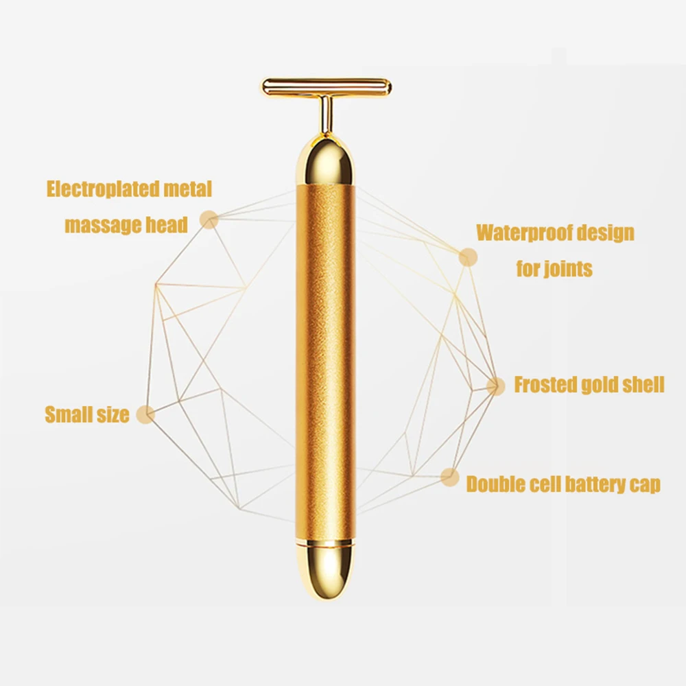 24K Gold T-shaped Facial Roller Vibration Electric Beauty Stick Facial Lift Wrinkle Removing Energy Firming Beauty Tool Massager