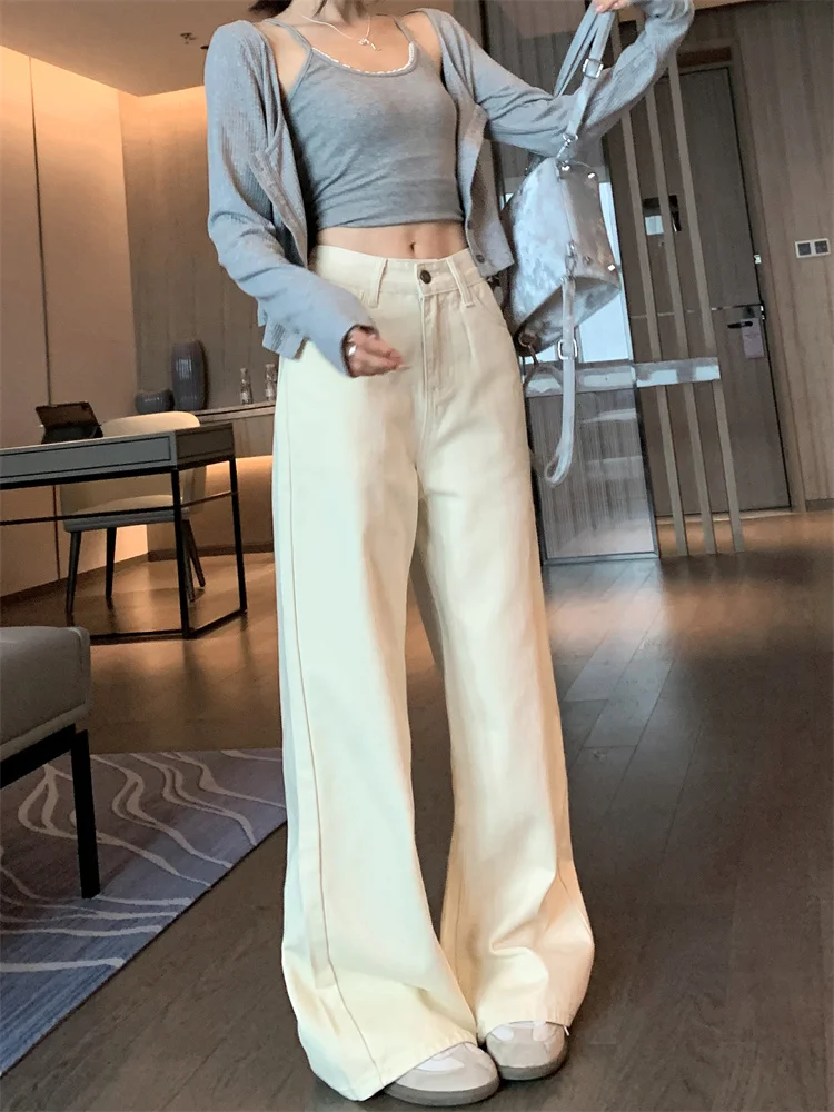 

Y2K 2025 Summer Women's Jeans - Cream Wide Leg Denim Pants | High Waist Baggy Straight Floor-Dragging Trousers