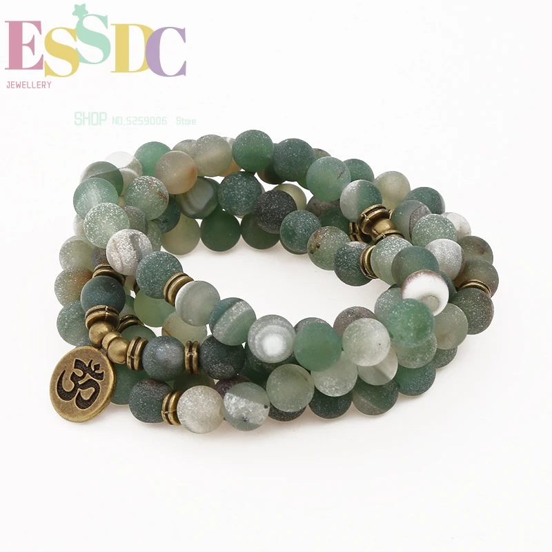 8mm Natural Matte Smile Green Stone  Trendy Men or Women's 108 Mala Hand String Chakra Yoga Healing Bracelet Wholesale