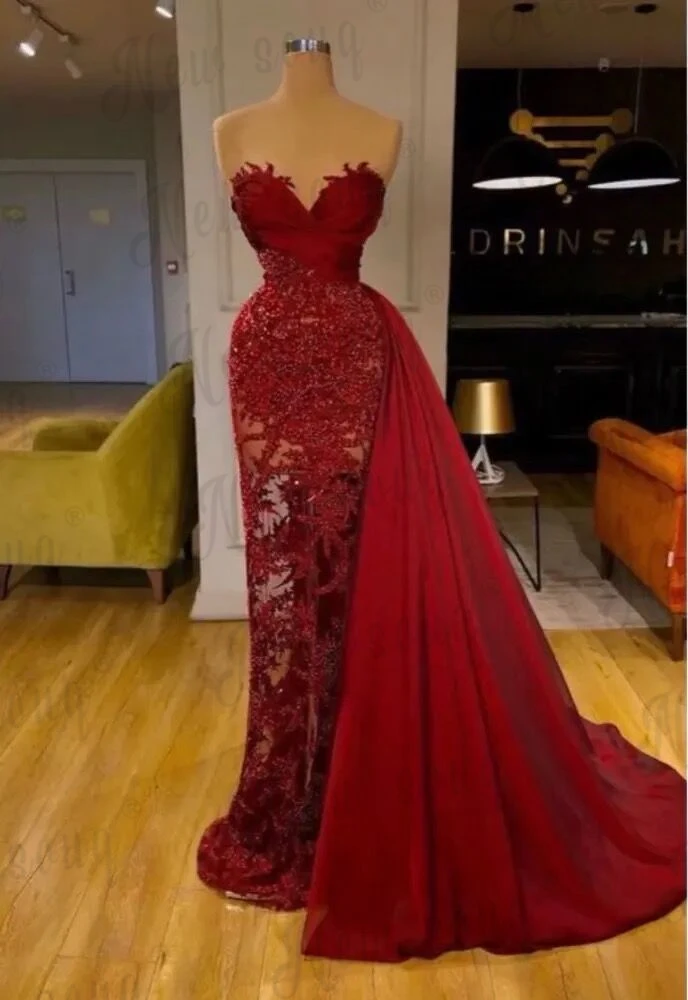 Robe de soirée en dentelle rouge sur mesure pour femmes, tenue de soirée de mariage, Longue, avec traîne détachable, perlée, style sirène