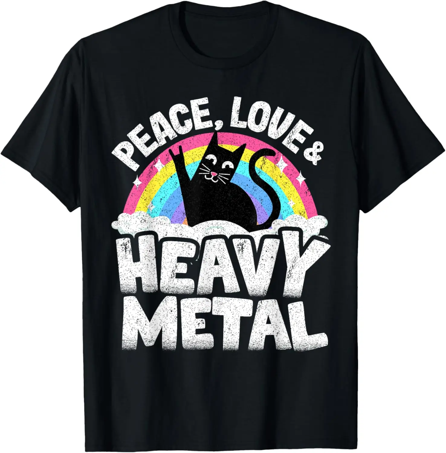 T-shirt Peace Love & Heavy Metal Cat Kids Punk Band Metal Rainbow