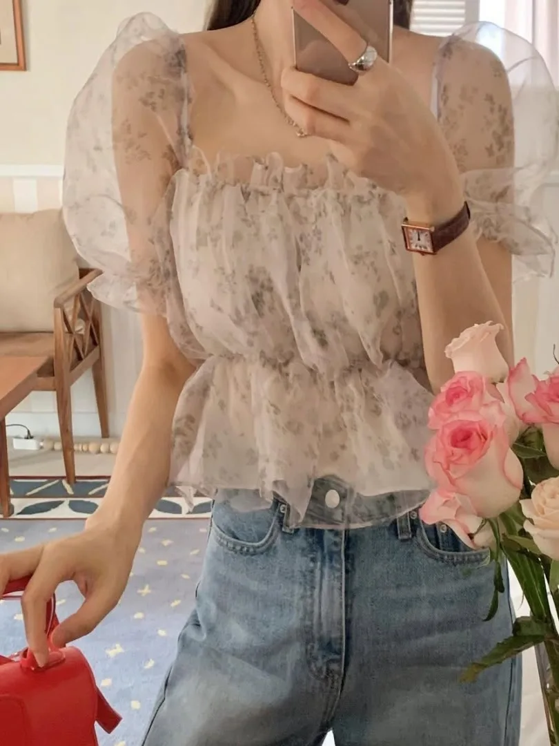 

Summer New Women's Korean Sle Gentle Sweet Floral Print Square Collar oulder Bared Design Small Size Chiffon Top