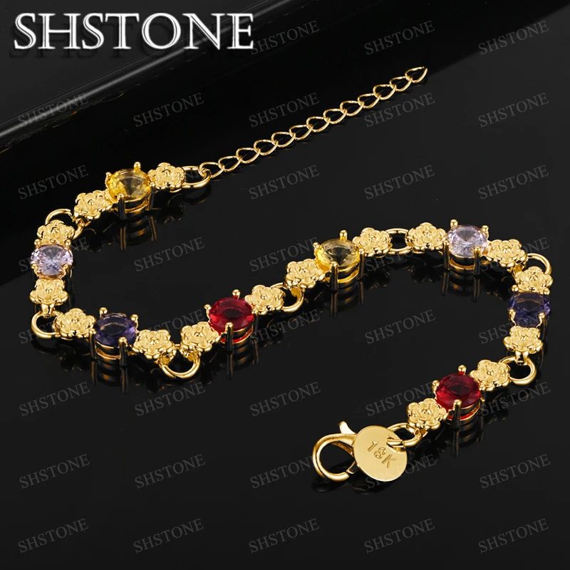 

SHSTONE 18K Gold Colored Zircon Small Flowers Chain Bracelets For Woman Party Wedding Jewelry 925 Sterling Silver Bracelet Gift