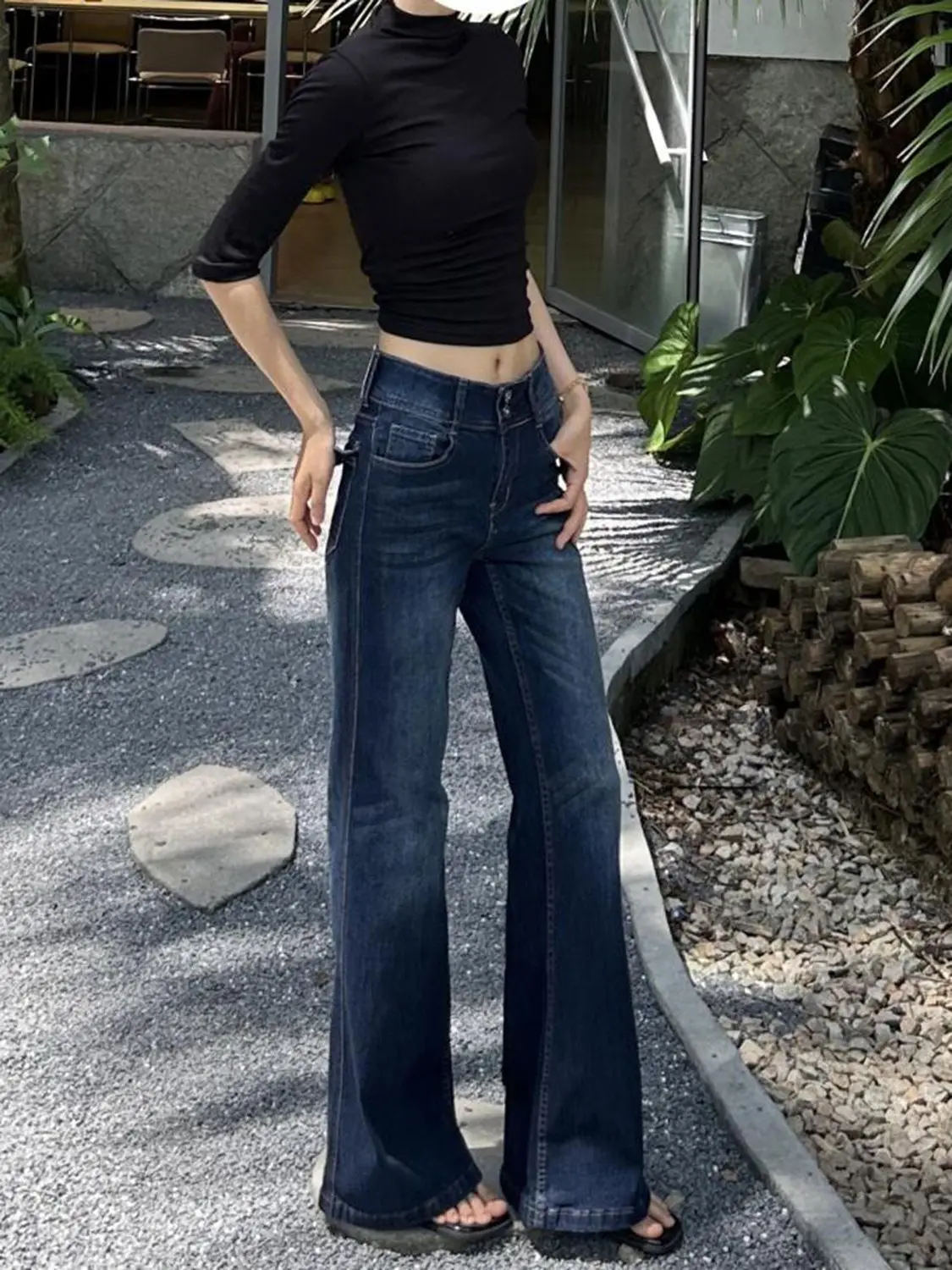 American Vintage Dark Blue Flare Jeans Women High Waist Contrast Stitching Slim Fit Harajuku Subculture Streetwear Denim Pants