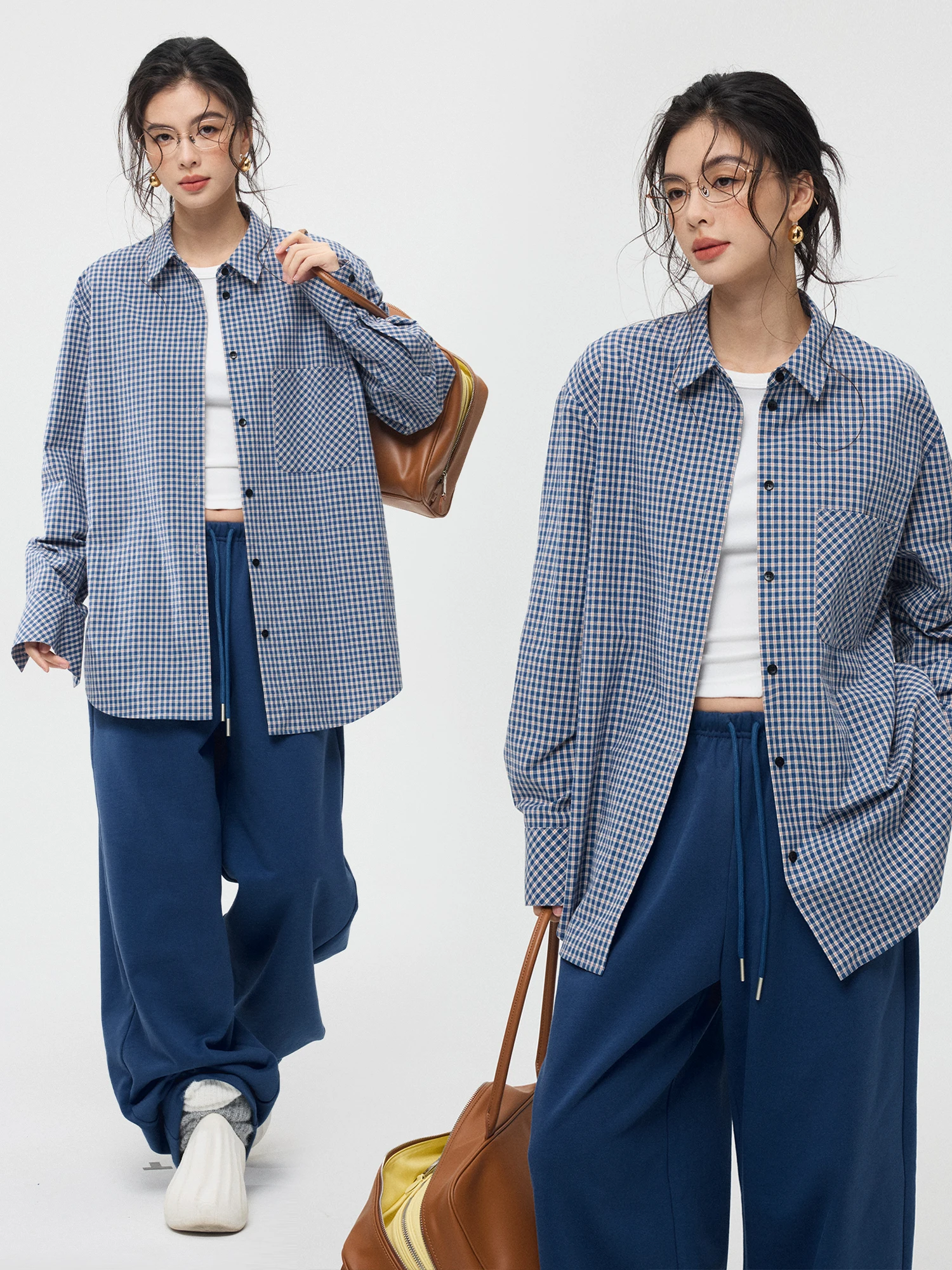 

ZzZHANG Blue Vintage Sle Small id Pattern Color Woven irt Streetwear Practical Loose Fit Cotton Long Sve Women's irt