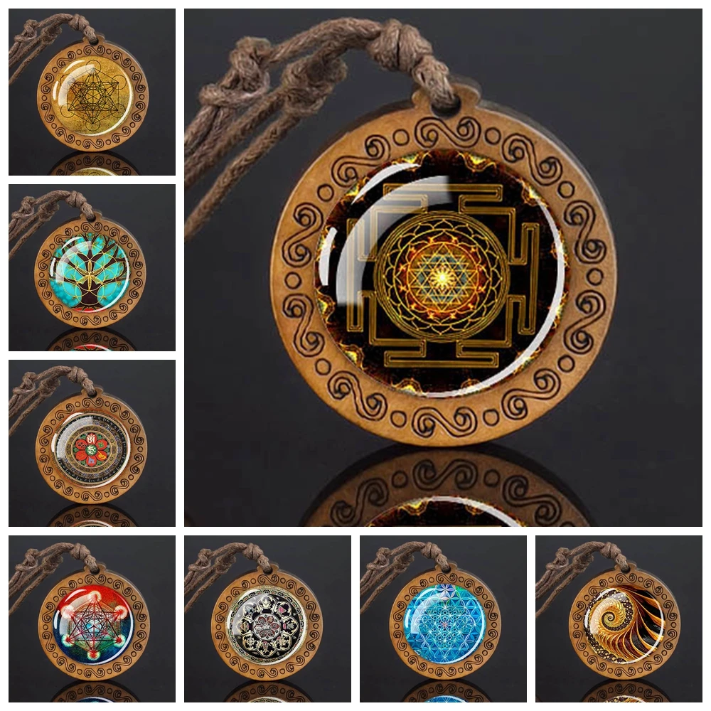 Buddhist Symbols Necklace Sri Yantra Mandala Glass Dome Vintage Wood Pendant Rope Charm Chains Necklaces Amulet Zen Yoga Jewelry