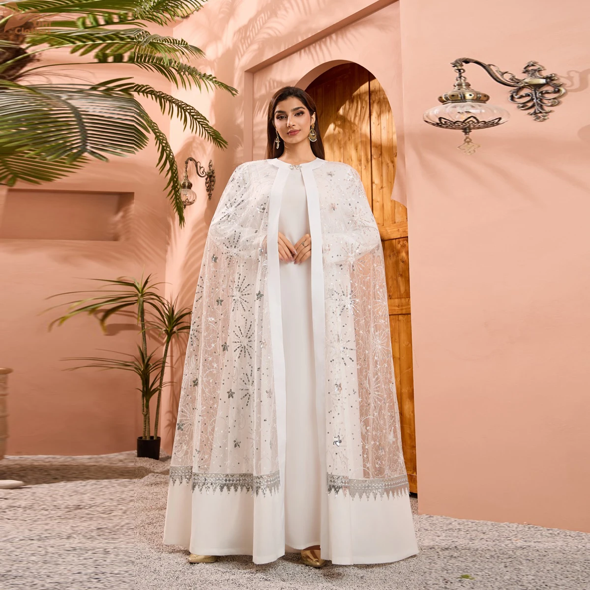 

Мусульманское роскошное женское вечернее платье из Дубая, однотонное, с накидкой и пайетками, абайя, комплект из двух предметов, марокканский стиль, 2026