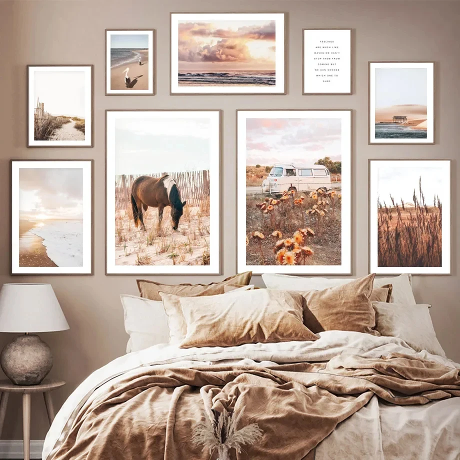 Wall Art Canvas Painting Beach Sea Sunset Clouds Horse Reed Path Nordic Posters and Prints Fall Pictures for Living Room Decor