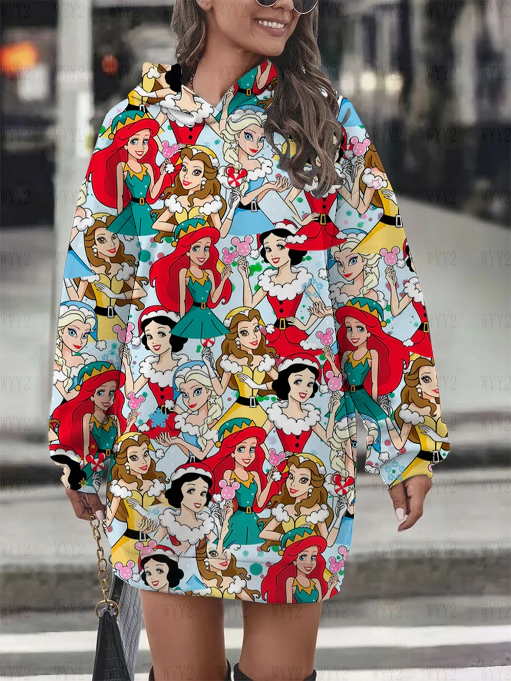 2024 women\'s Christmas series Disney princess print casual fashion autumn and winter hooded skirt new elegant sweater dress