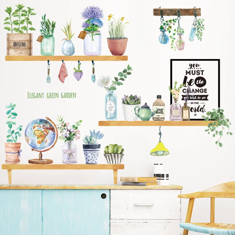 Watercolor Potted Plants Wall Stickers, Elegant Green Garden Shelf Decor