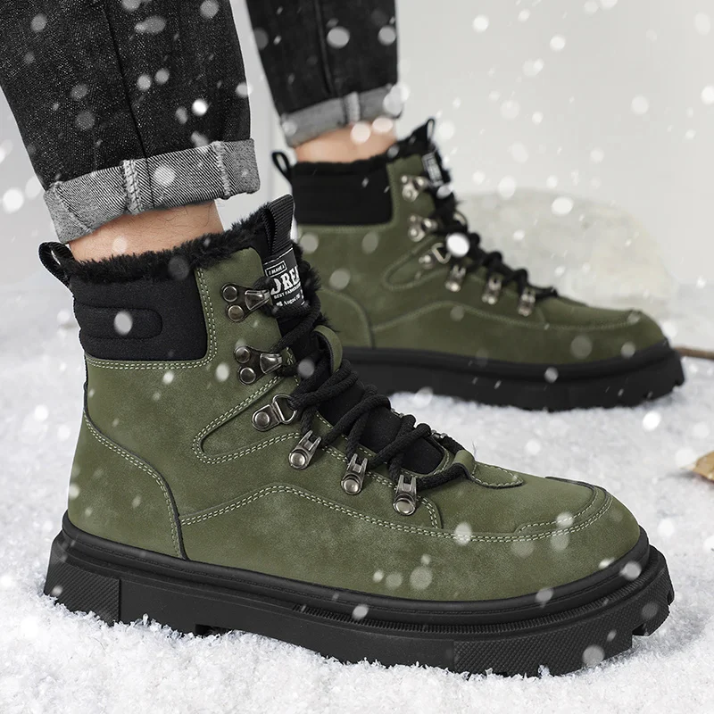 

Men's Plush Winter New Thick Soled Lace Up Work Shoes, Casual and Fashionable, Cold Resistant and Warm Cotton Short Boots