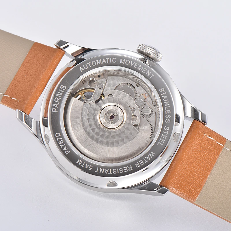 Parnis 43 mm Reserva de energía automática Reloj para hombre Volano Esfera blanca Correa de cuero genuino