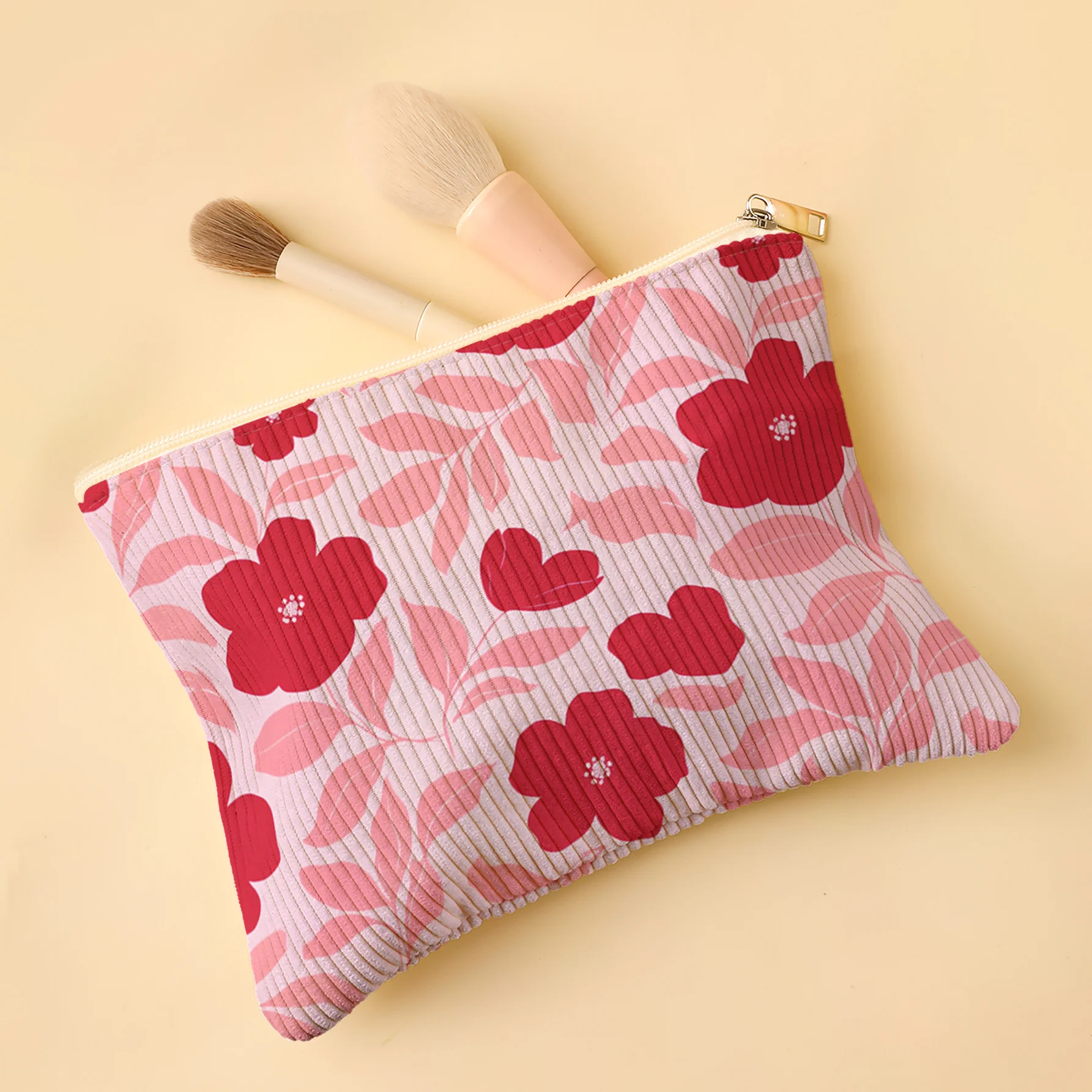Corduroy Cosmetic Bag Bold Red Flower Pink Leaves Light Pink Base Print Zipper Pouch Portable Travel Makeup Storage Organizer