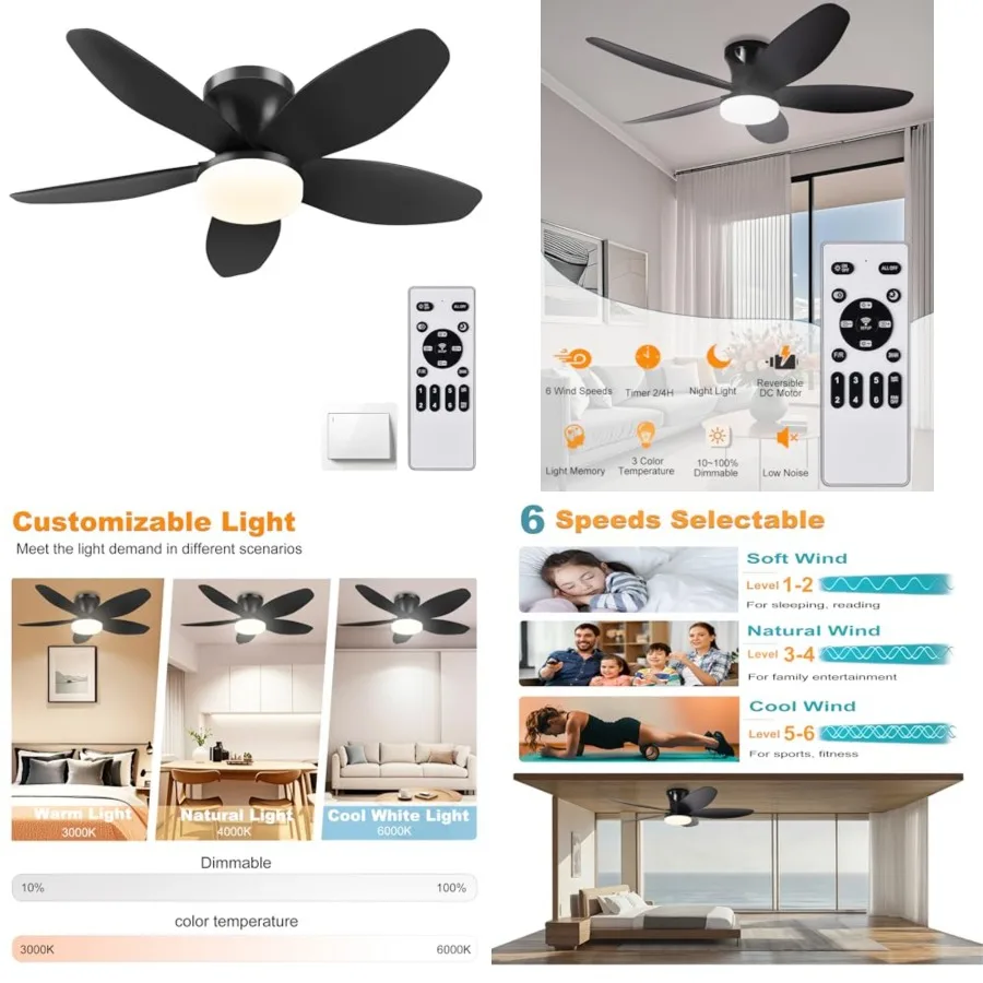 

36" Low Profile Ceiling Fan with Lights and Remote, 6-Speed Wind, Dimmable 3-Color LED, Reversible DC Motor, Timer, Memory Func