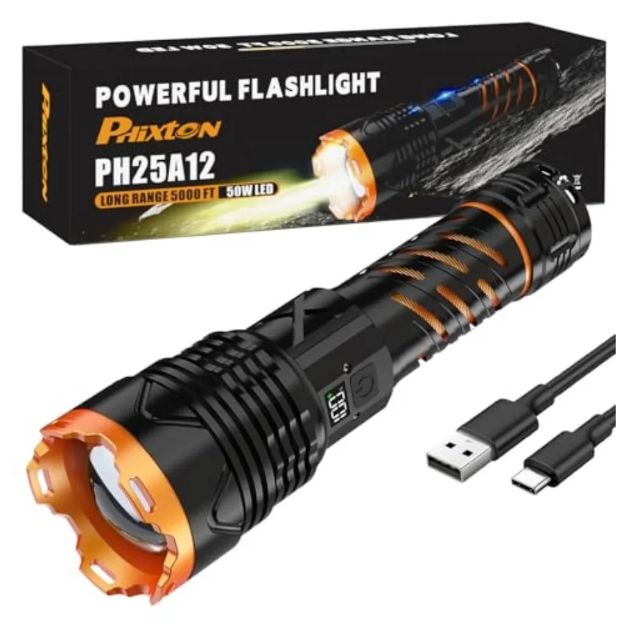 

Super Bright Flashlight High Lumens 100000 Rechargeable, Powerful Strong 50W LED, Long Lasting 15 Hours, Quick USB C Charge, Im