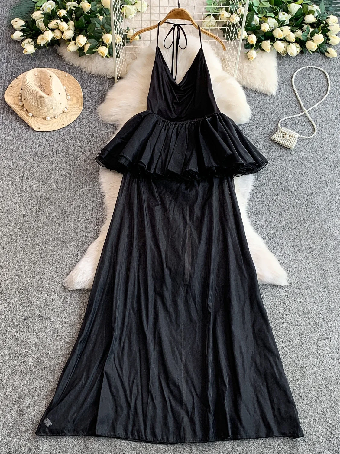 

Sexy Bal Bell Sve Me Dr Women's Slim Fit A-Line Gown High Waist No-Sve Hanging Ne Design Floral Splicing