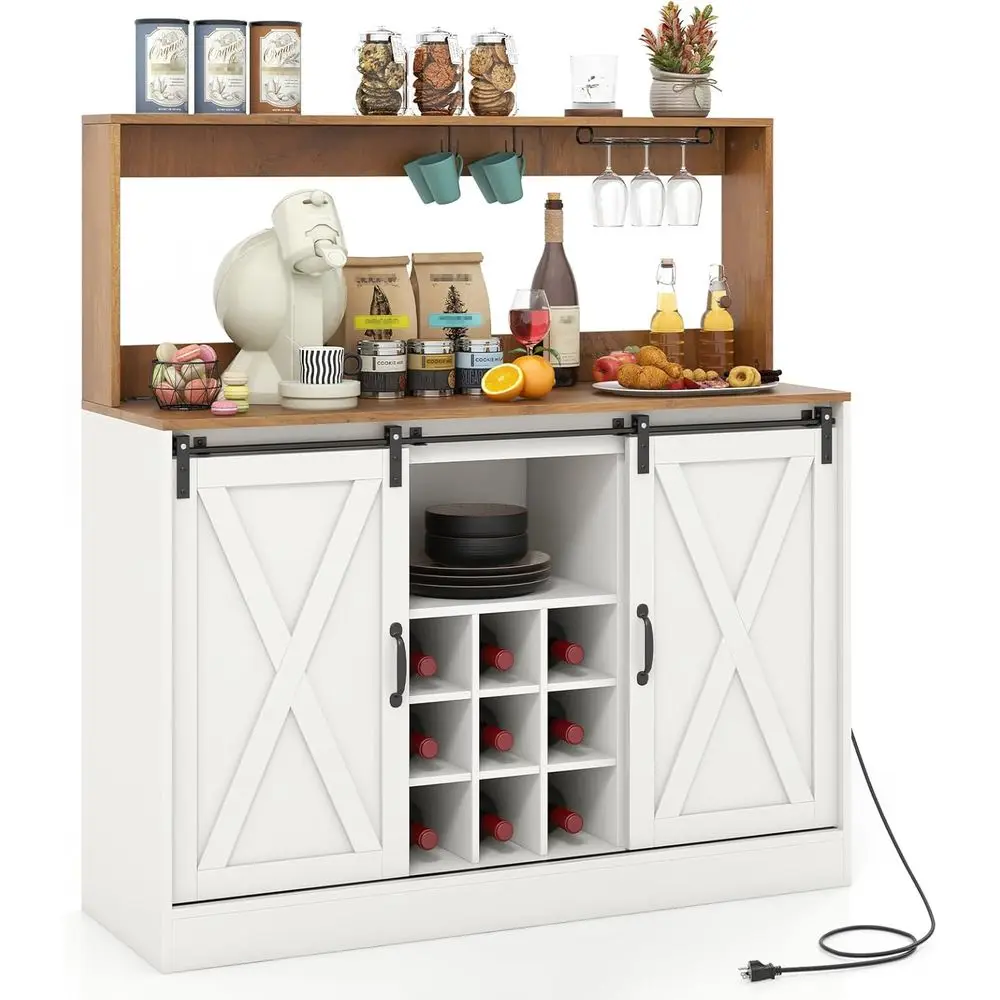 

Кухонный шкаф-буфет в стиле армхаус, белый с ореховым оттенком, с выдвижной полкой, винной полкой, держателем для бокалов, крючками, раздвижной дверью, регулируемыми полками, серия Si