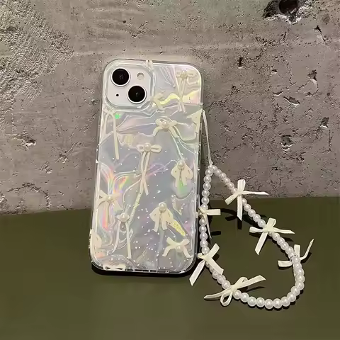Bow Pearl Chain Case For Samsung Galaxy S25 S23 S24 Ultra S22 S21 Plus S21 Ultra S20 FE A56 A36 A26 A06 A16 A14 A34 A54 5G Cover