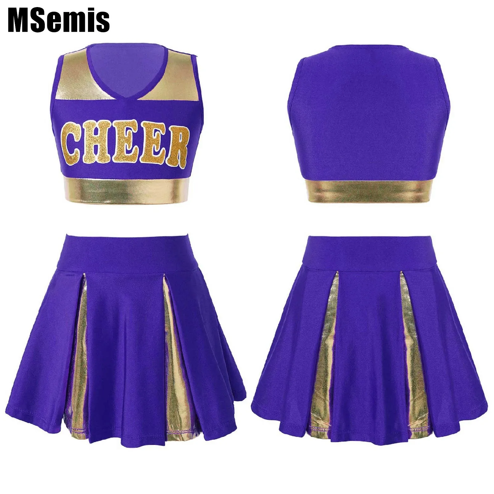 

Kid Girls Letter Printed Dance Sets Cheerleading Clothes Outfit Sleeveless V Neck Letter Print Crop Top with Waistband Skirt