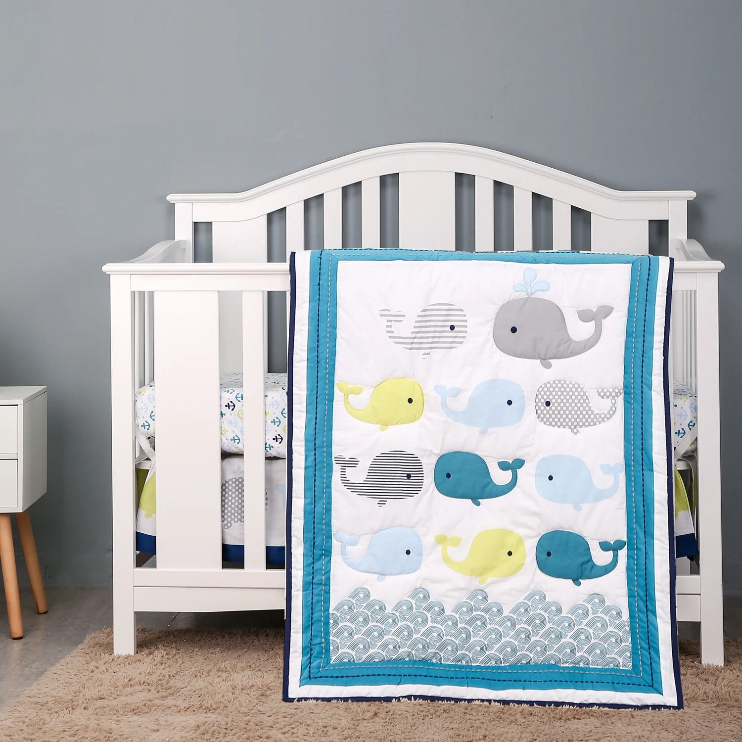 

3Pcs Ocean Theme cotton Baby Crib Bedding Set For Infant Boys Linen Toddler Bedroom (Baby Comforter Fitted Sheet Crib Skirt)