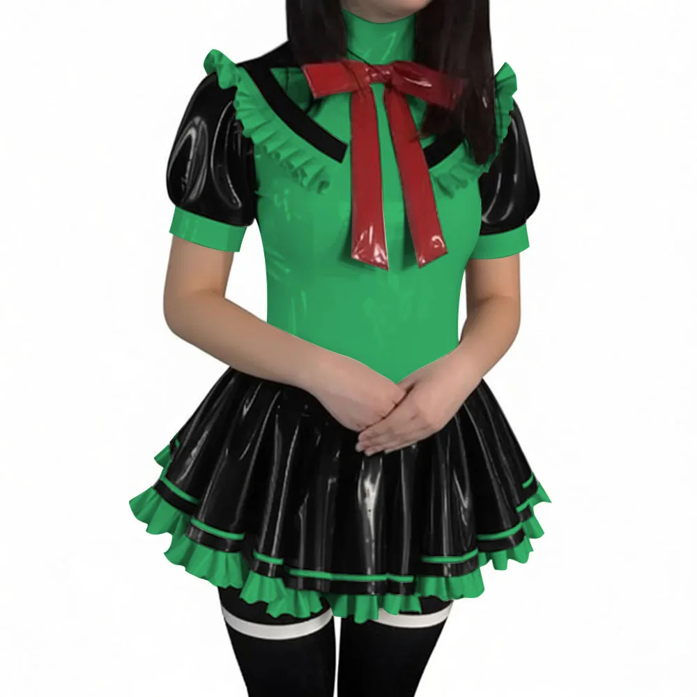 Latex-look PVC Short-Sleeve Sailor Collar Mini Dress Sissy Sweet Navy Style Short Pleated Dress Halloween Party Cosplay Outfits view 4