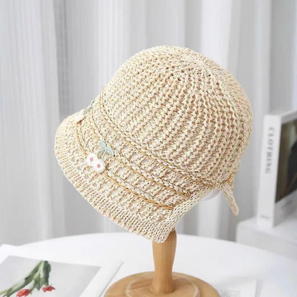 

New Cherry Straw Hat Wide Brim Sun Protection Woven Hat Foldable Elegant Sun Cap Summer