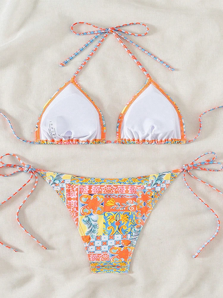 Circyy Two-piece Swimwear Women Lace Up Sexy Hot Spring Swimwear Print Thongs Summer 2025 Bikini Set Holiday Beach Bathing Suit