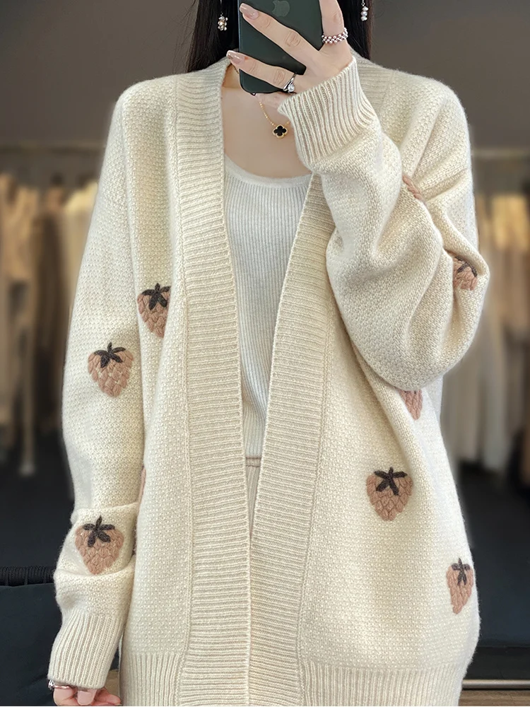 

Classic Autumn Winter Women 100% Merino Wool Sweater Open Stitch Solid Knitted Cardigan Casual Fruit Cashmere Clothing Tops