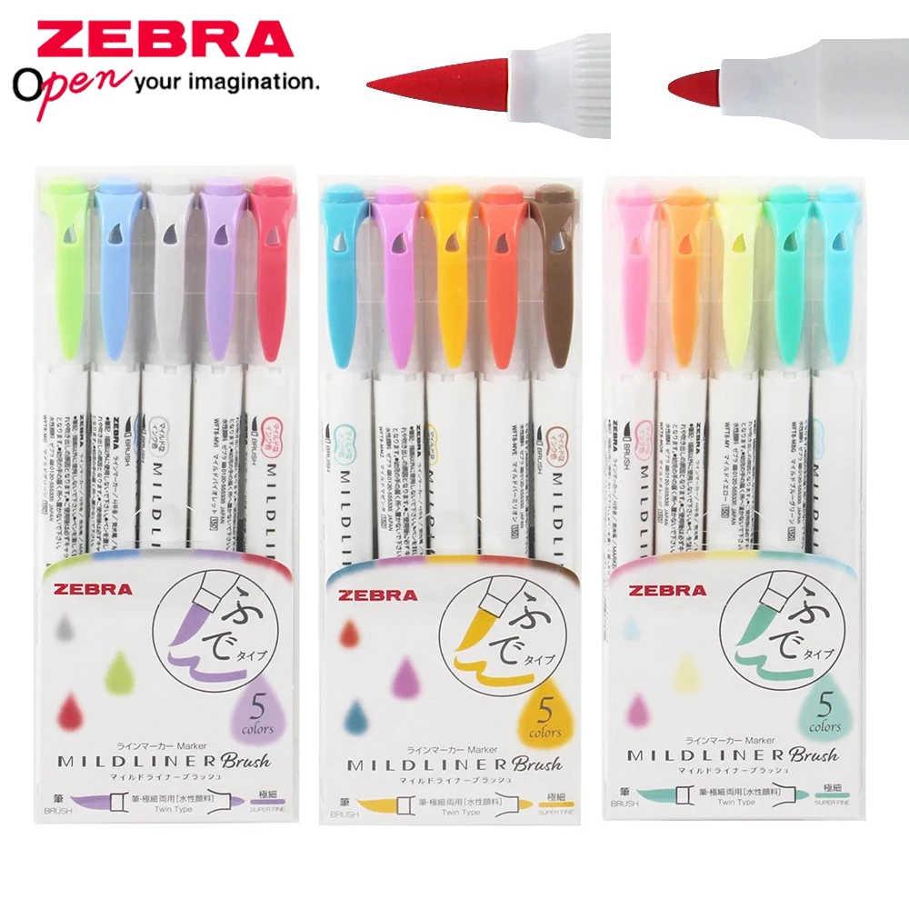 

5pcs Japan ZEBRA Brush Double Headed Highlighter Marker Watercolor Pen WTF8 Set for Student Soft Head Kawaii Art Supplies