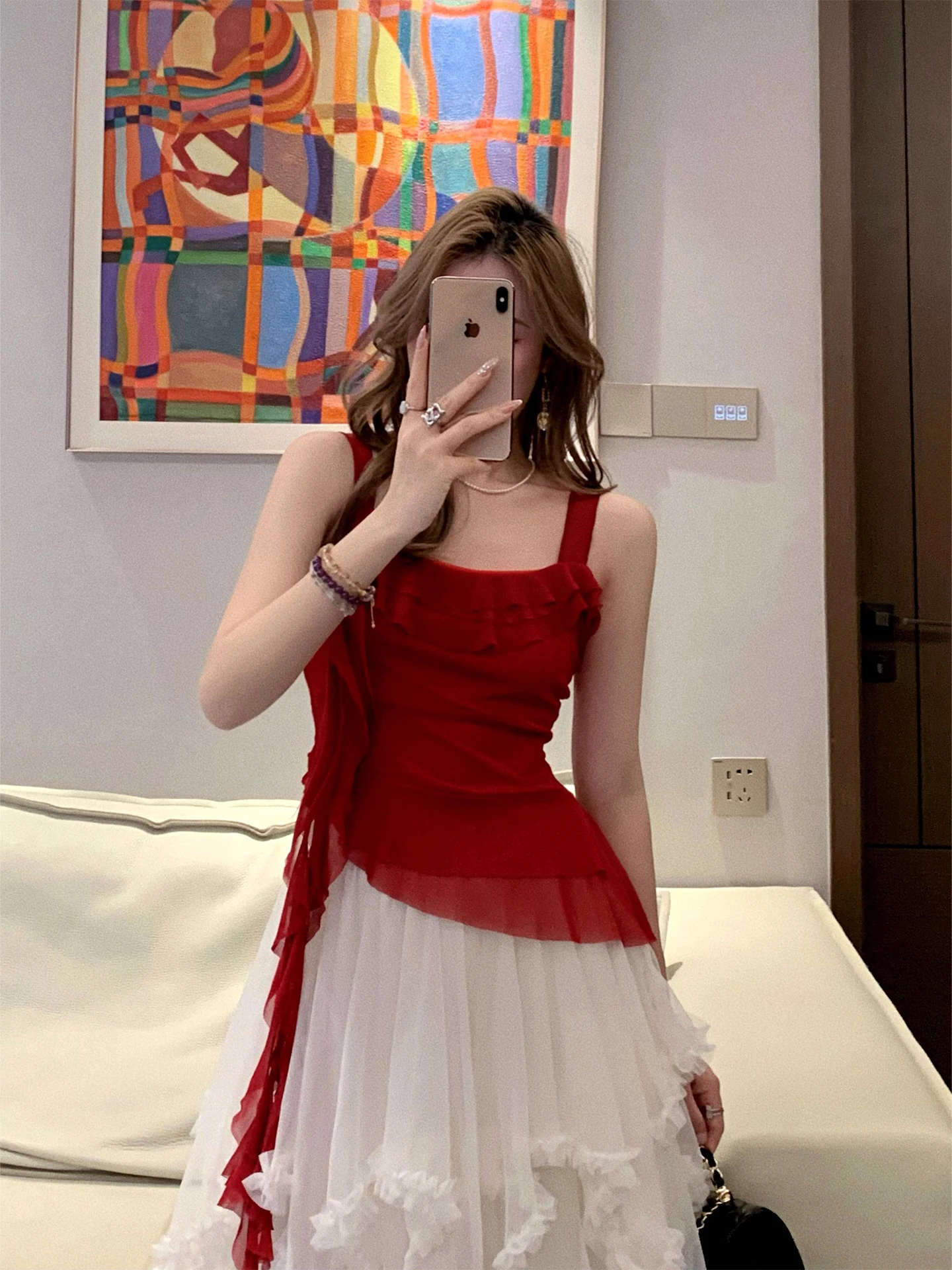 

Red Asymmetrical Hem Strap Vest Women's Summer Slim Fit Sleeveless Top Sweet And Spicy Girl Style Inner Wear Casual Fashion