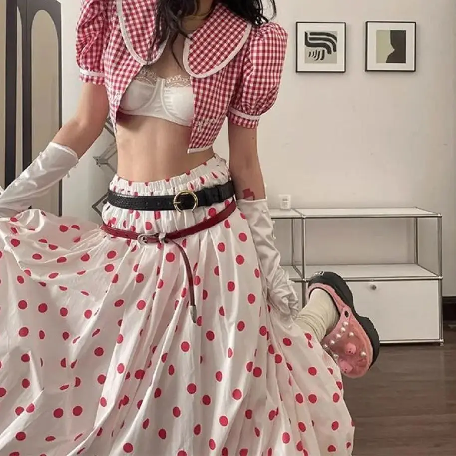 Japanese Polka Dot Puffy Bud Long Skirt Red Polka Dot Bubble Skirt Women'S Summer New Loose Big Sway Skirt