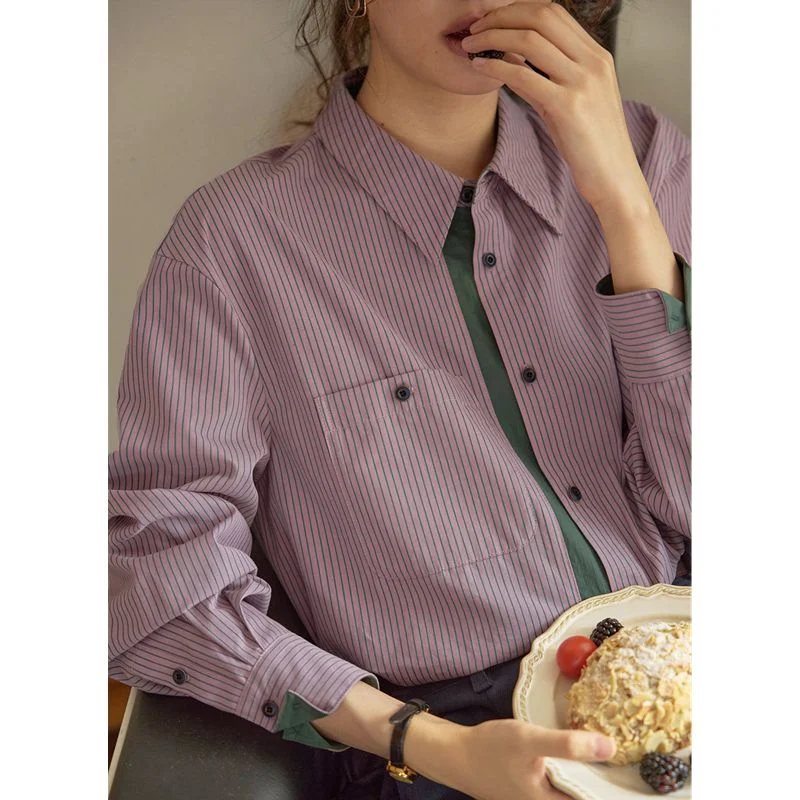 

French Retro Contrasting Vertical Striped Shirt for Women 2025 Spring New Fashionable Furry Top