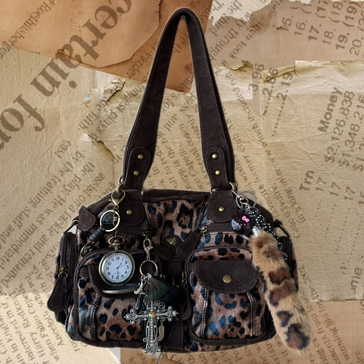 

Original Designer Brand Retro Leopard Print Multi-pocket Crossbody Bag Personalized Motorcycle Underarm Hot Girl Bags for Women