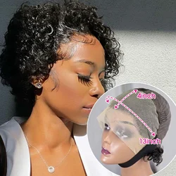 13x4  Lace Short Bouncy Kinky Curly Pixie Cut 100% Human Hair Wig 180 Density Transparent Lace Frontal Hair Wig for Black Women