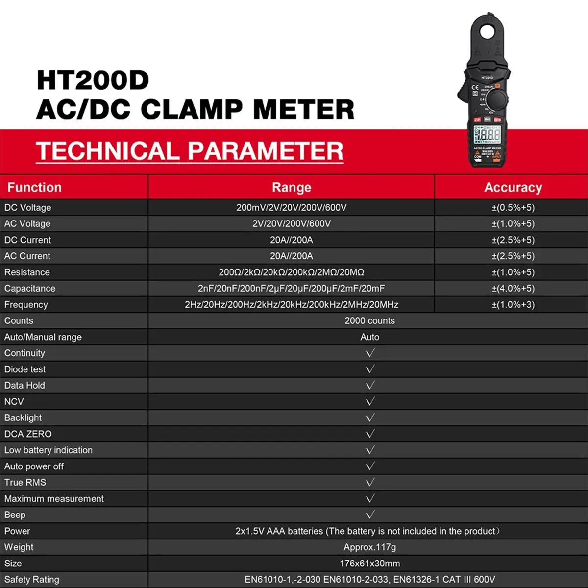 fitfit HT200D Clamp Meter DC/AC Current Voltage Digital Clamp Meter Measure the Frequency of Resistance Capacitance NCV Test