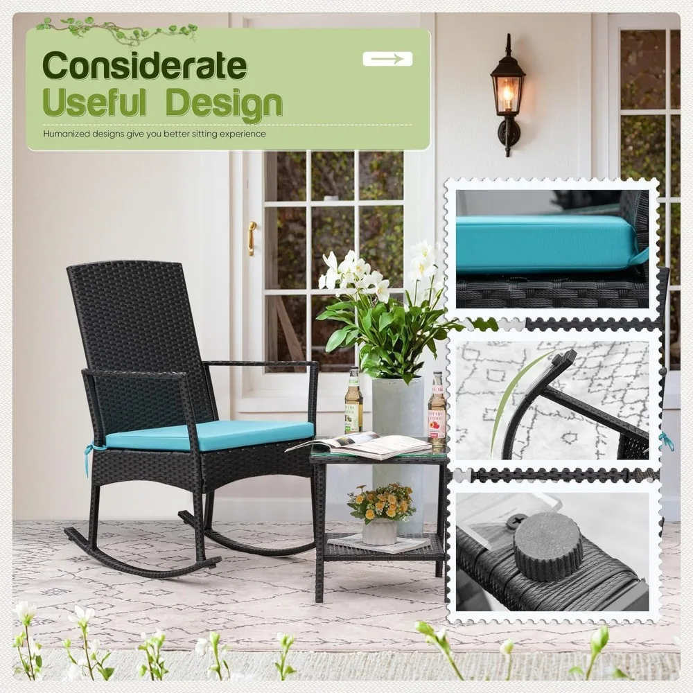 كرسي هزاز عالي الظهر للاستخدام الخارجي مع طاولة زجاجية، أثاث فناء من الخيزران PE للشرفة والحديقة والفناء الخلفي باللون الأزرق