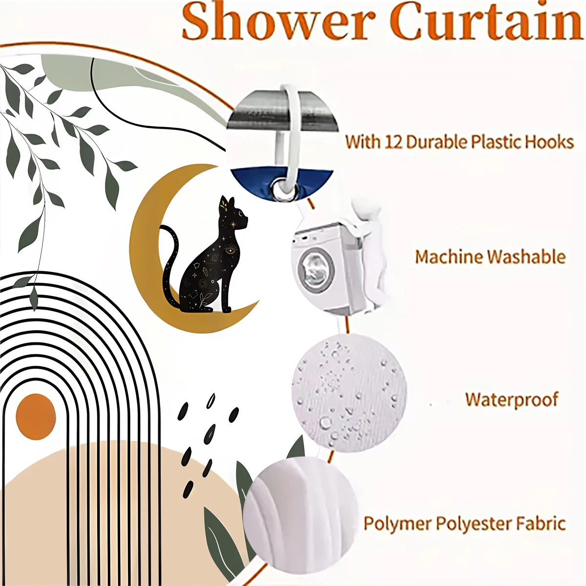 1 pc Bohemian cat pattern polyester material shower curtain waterproof fabric, thickened anti mold partition curtain, bathro