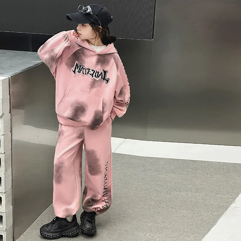 2026 Girls Cotton Alphabet Spots Tie Dye Workout Sweatshirt+Sweatpant Sets Children 2PCS Tracksuit School Kids Jogging Outfits