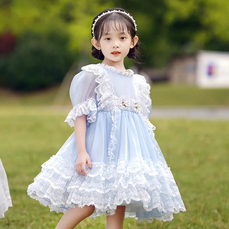 2025 Lace Splicing Bubble Sleeves Girl Lolita Dresses Summer Girls Princess Dress Birthday Party Cake Vestidos for Children