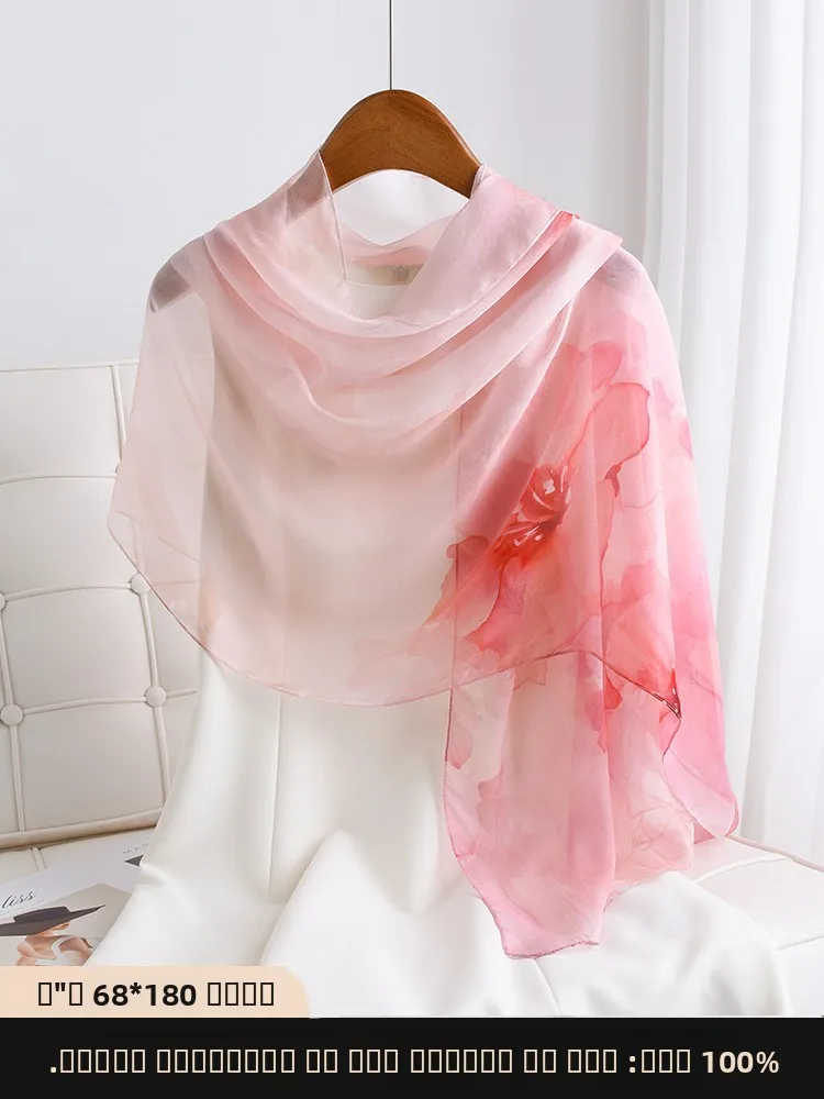 ピンクのシルクスカーフ女性の夏用薄い本物のシルクショール杭州シルクパシュミナロングスカーフ日焼け止め軽量多用途