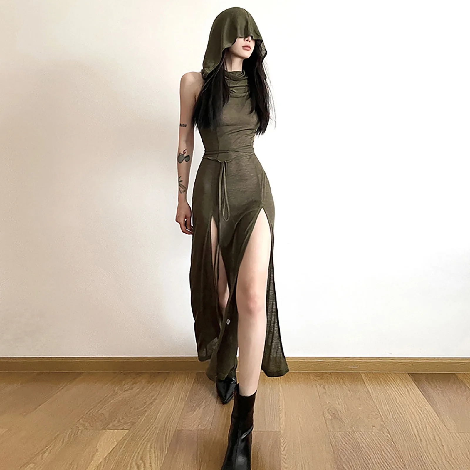 Trendy Hooded Sleeveless Long Dress Korean Style Ladies Lace Up Bodycon Sexy Split Dress Gothic Hip Hop Grunge Maxi Dress