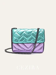Women PU Leather Handbag Metallic Colorful Patchwork Quilted Flap Cover Long Chain Square Crossbody Shoulder Purse Messenger Bag