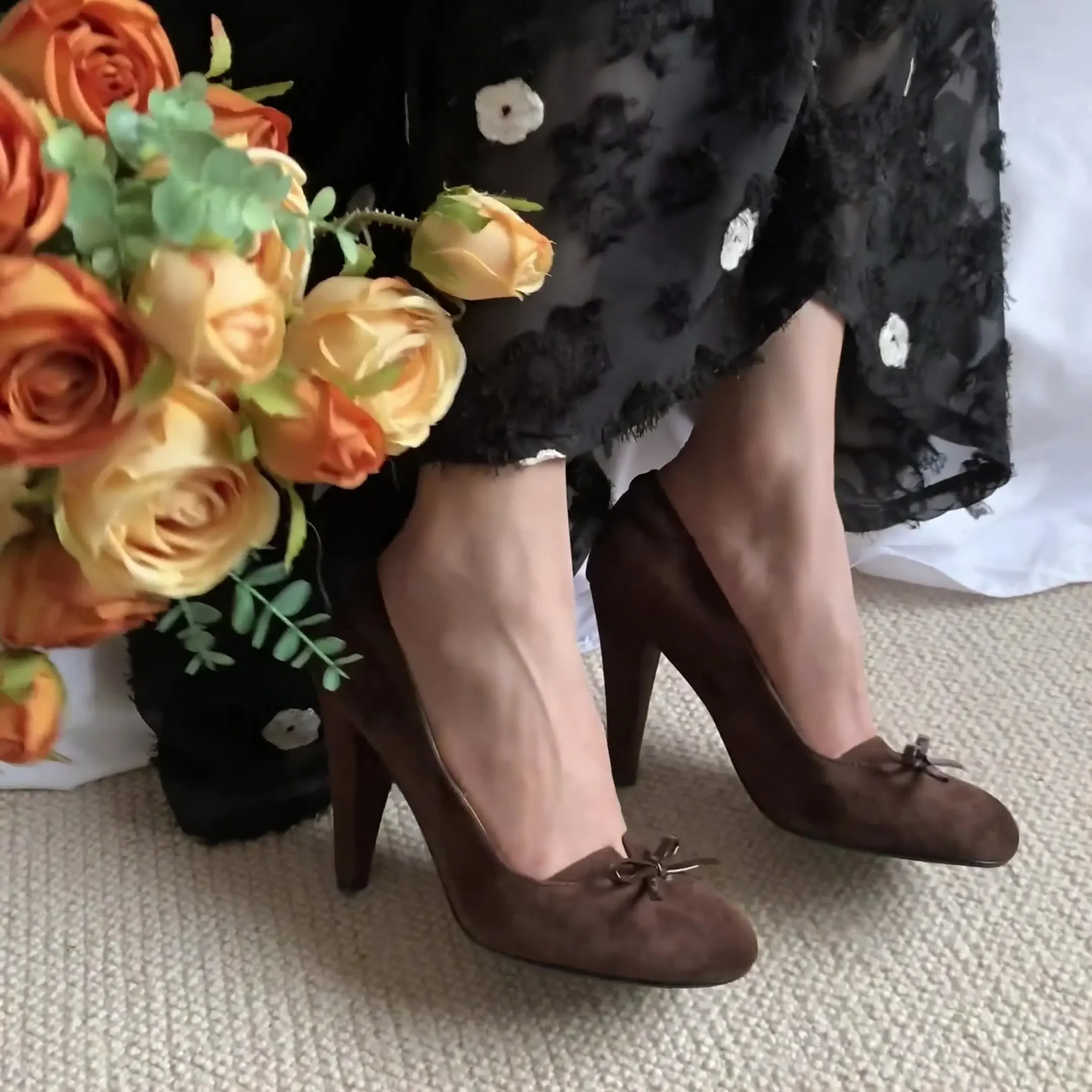 

Round Toe Bow Tapered Heel Pumps Suede Comfortable Soft Leather High Heels Shallow Slip-On Elegant Custom Women Shoes Sandalias