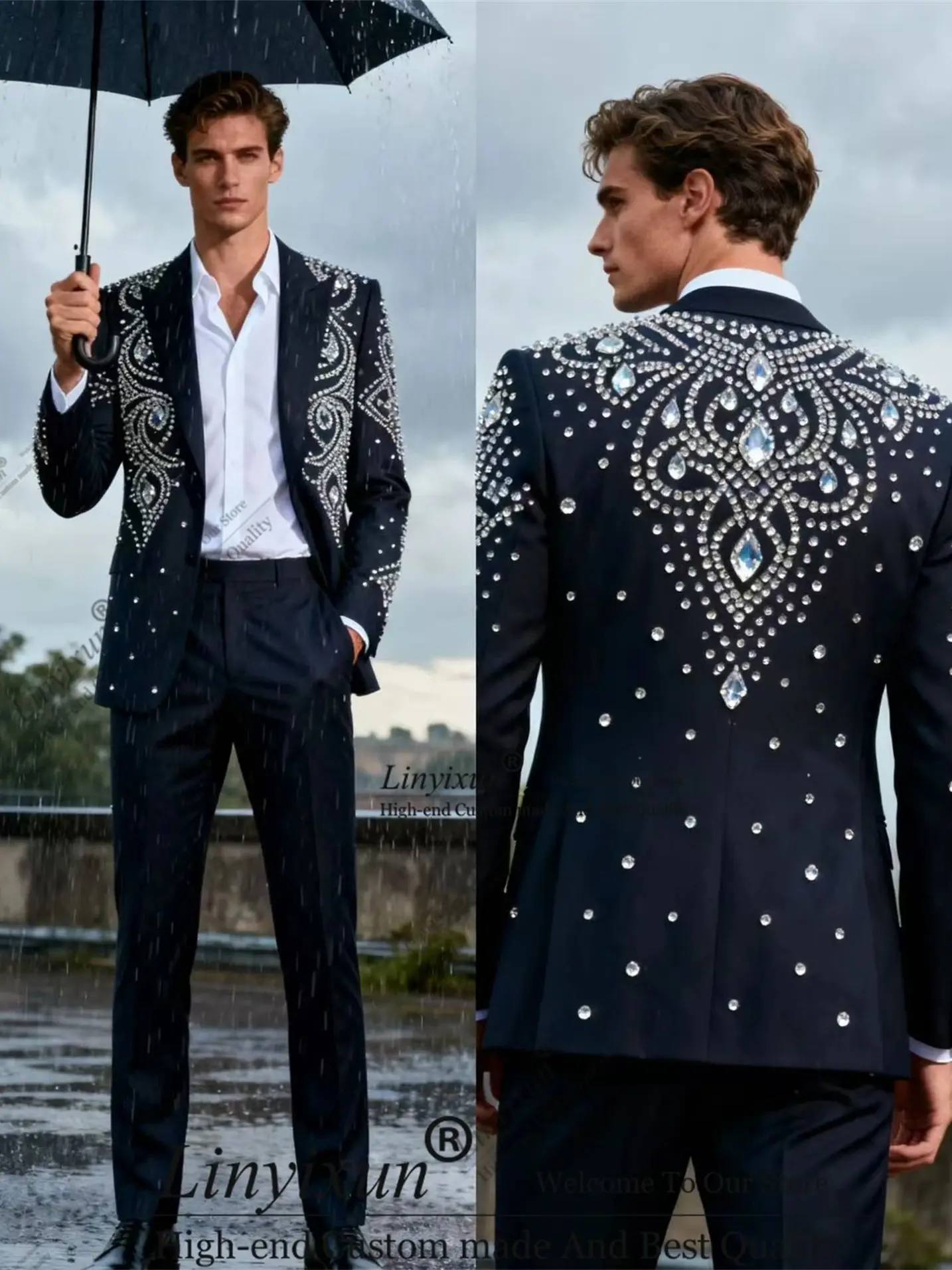 

Тонкие мужские костюмы в британском стиле, комплекты из 2 предметов, мужские пиджаки для жениха, роскошные смокинги с кристаллами и бриллиантами по индивидуальному заказу для свадебной вечеринки, Ropa hombr