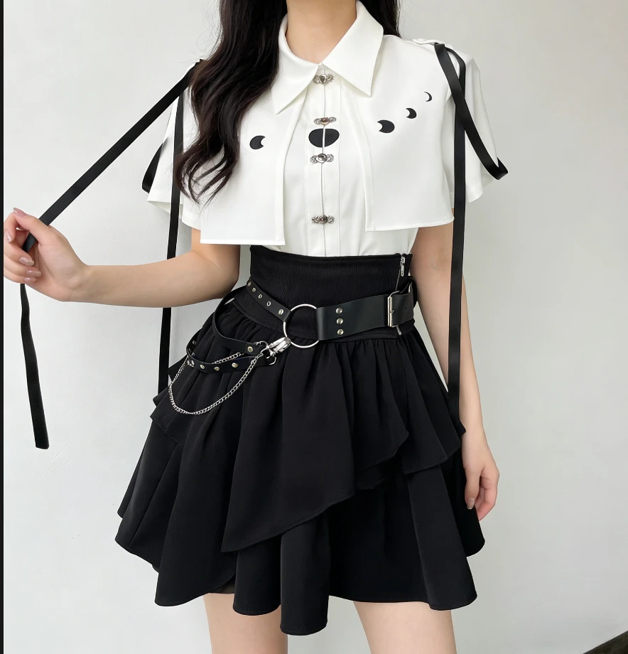 

Girls Three-piece Set Fashion Gothic Mine Series Two-dimensional Cos Subculture Short Sleeve Shirt and Skirt Sets for Women